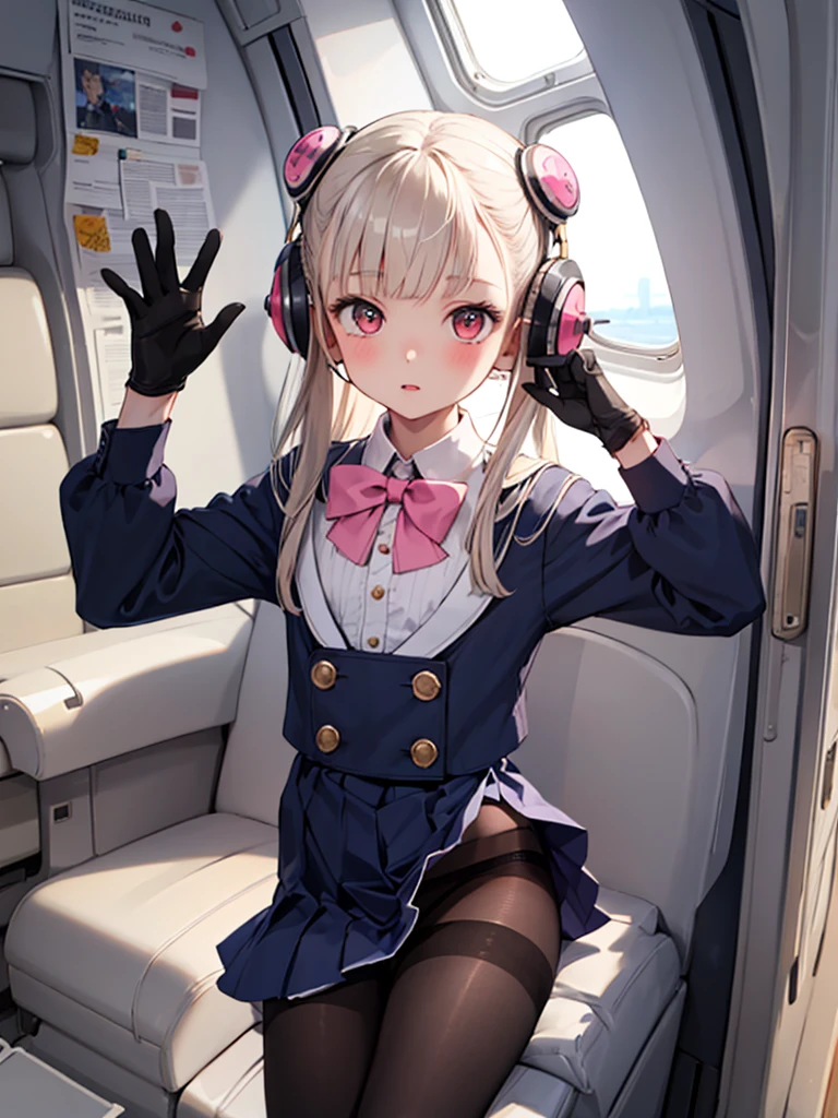 masterpiece, highest quality, 1 girl, solo, 6 years old, (flat chest), Ingrid, Hair Pod, gloves, skirt, pantyhose, bow, dress, black pantyhose, black panties under pantyhose, pink panty, Airplane interior, View from between the legs,leg up