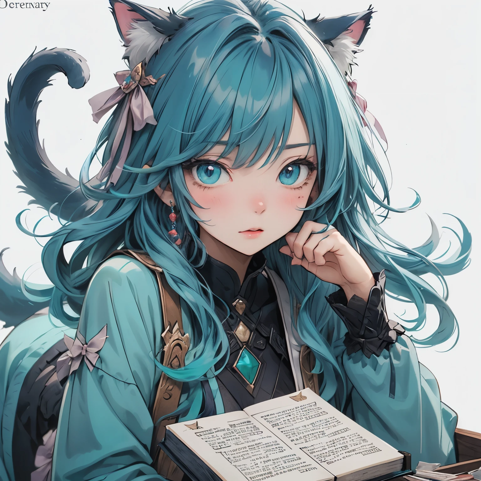 (Lire le dictionnaire:1.3)、Chat avec un ruban turquoise、cheveux turquoise、yeux turquoise、Vêtements bleu-vert、、Liste des personnages、visage coquin、Littérature