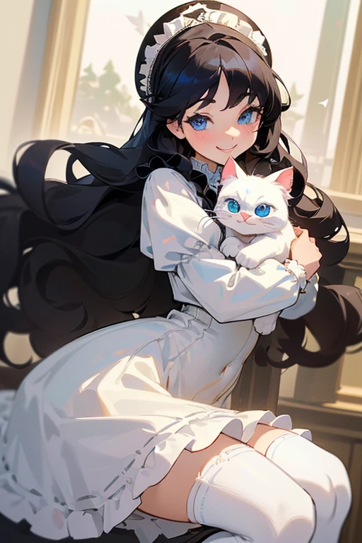 (masterpiece, best quality), warm lighting, blurry foreground, ((White ruff)), 1 girl, cowboy shot, ((victorian outfit)), (lolita attire), (((fluffy hair))), makeup, finely detailed, (best quality), (intricate details), ((Long jet black hair)), ((Hair is fluffy)), best quality, ((Puffy long sleeve dress)), (white ruff), ((Thigh high socks)), ((socks are white)), ((round eyes)), beautiful face, cute face, pinup, perfect face, (((blue eyes))), ((curly long hair)), ((Bratty smile, happy)), holding white kitty, cute kitty, 1 cat