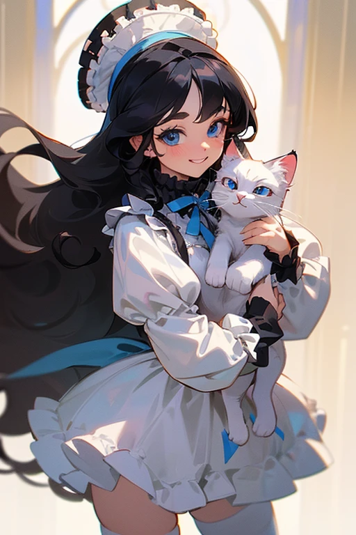 (masterpiece, best quality), warm lighting, blurry foreground, ((White ruff)), 1 girl holding a cat, cowboy shot, ((victorian outfit)), (lolita attire), (((fluffy hair))), makeup, finely detailed, (best quality), (intricate details), ((Long jet black hair)), ((Hair is fluffy)), best quality, ((Puffy long sleeve dress)), (white ruff), ((Thigh high socks)), ((socks are white)), ((round eyes)), beautiful face, cute face, pinup, perfect face, (((blue eyes))), ((curly long hair)), ((Bratty smile, happy)), holding white kitty, cute kitty, 1 cat