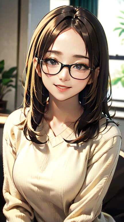 1 female, /(Tight sweater/) V-neck, Mature Woman, /((((Mid-length hair、Light brown hair、Blonde hair)))) Beautiful forehead, Stylish Glasses、Large Breasts、Bright red lips、A gentle blushing smile, (Masterpiece of the highest quality:1.2) Delicate illustrations, super detailed,  /(Modern house living room/) indoor