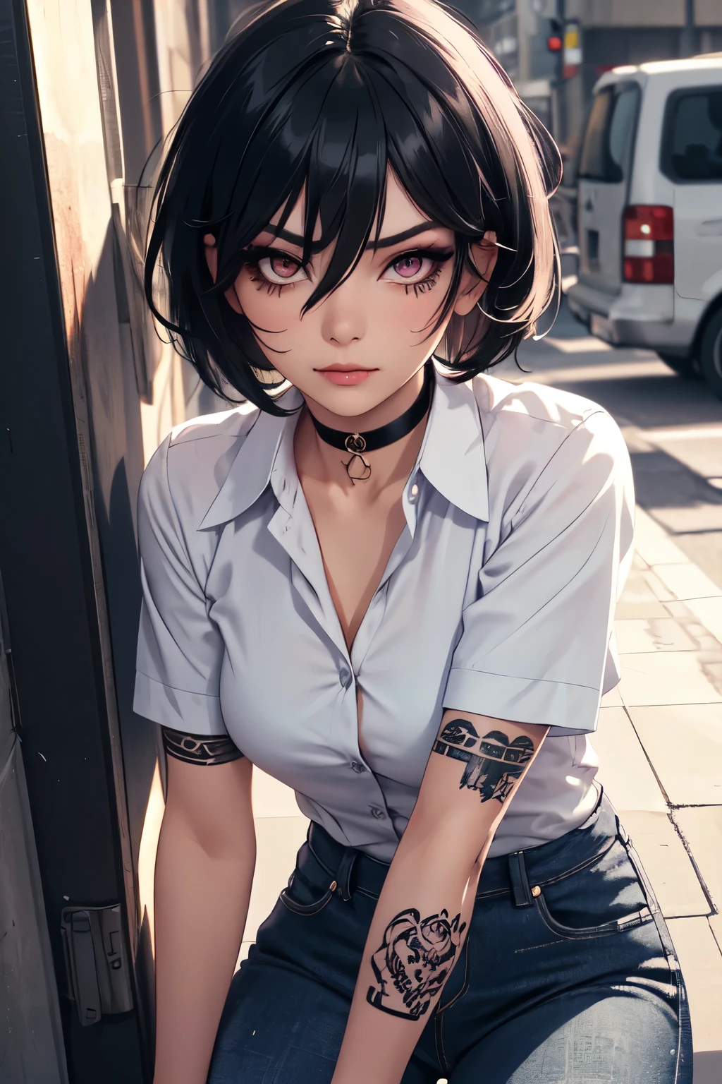  1girl, solo, face, looking at viewer, punk, black hair, short hair, hair between eyes, mascara, eyeliner, eyeshadow, tattoo, business shirt, jean pants, choker, smurk, smug, rolled up sleeves.