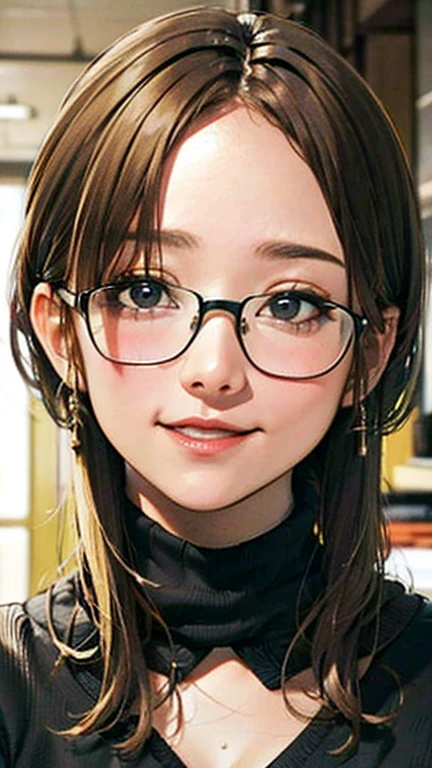 1 female, /(Tight sweater/) V-neck, Mature Woman, /((((Mid-length hair、Light brown hair、Blonde hair)))) Beautiful forehead, Stylish Glasses、Large Breasts、Bright red lips、A gentle blushing smile, (Masterpiece of the highest quality:1.2) Delicate illustrations, super detailed,  /(Modern house living room/) indoor