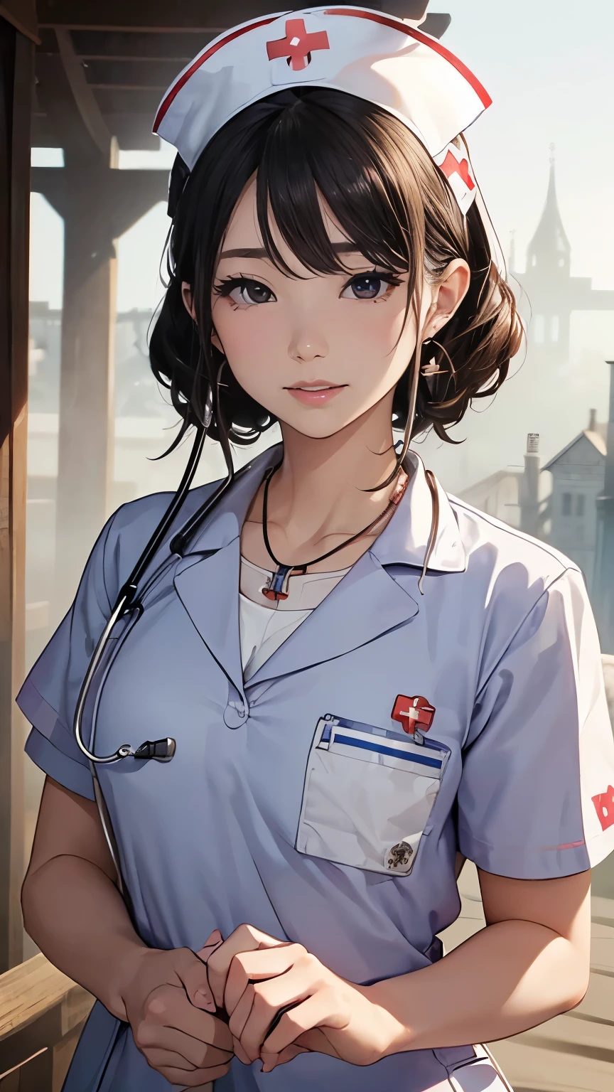 ((Biologically correct limb count))、Cowboy Shot，4K、masterpiece、((Focus on the face))、((Symmetrical facial features))、Eyes of meticulous depiction、Beautiful woman、Great style、Detailed depiction of the face、Small earrings、necklace、((Cowboy Shot写真))、(Nurse uniform:1.5)、Scenery of the old castle、（Low Angle）、(smile)、((The surrounding area is shrouded in a thick morning mist.)、I can&#39;t see anything around me)、(Black clothes:1.5)