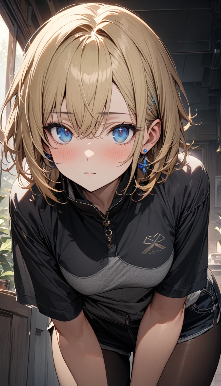 expressionless ,master piece, best quality, ultra detailed, handsome, 1 woman, short hair, blonde hair, cute eyes, blue eyes, short pants ,Black tights,earring, cowboy shot, leaning forward