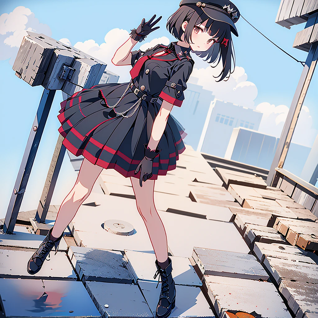 1girl、highest quality、vtuber-fullbody、Milky white short hair、Masterpiece、Official Art、The best composition、Standing in front of the viewer、Simple Background、Black and red gothic military、m1l1t4ry, necktie, black gloves, black dress, peaked cap, puffy dress, short sleeves,