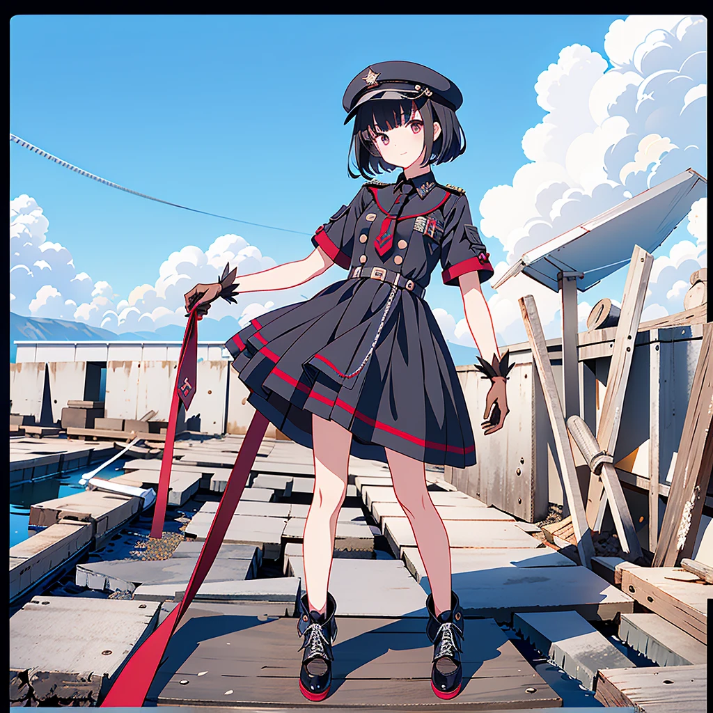 1fille、la plus haute qualité、vtuber-fullbody、Cheveux courts blanc laiteux、chef-d&#39;œuvre、art officiel、La meilleure composition、debout devant le spectateur、fond simple、Militaire gothique noir et rouge、m1l1t4ry, cravate, gants noirs, Robe noire, casquette à visière, robe bouffante, manches courtes,