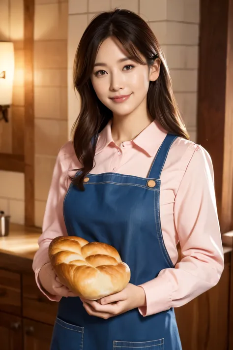 Medium Size Display, Medium Shot, Written boundary depth, bust, cowboy shot,, Movie angle, masterpiece, highest quality, Very detailed, CG, 8k wallpaper, Beautiful Face, Delicate eyes, Otome, alone, smile, pink Apron、Long sleeve blouse、Holding bread in bot...