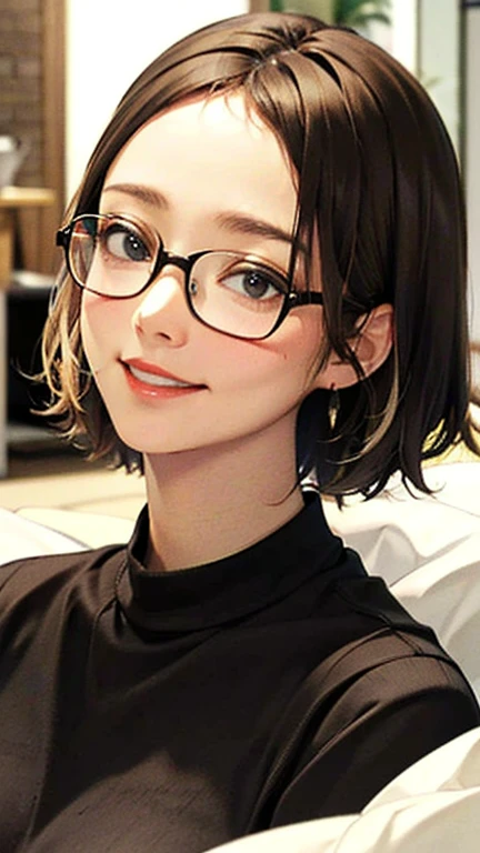 1 female, /(Tight sweater/) V-neck, Mature Woman, /((((short hair、Light brown hair、Blonde hair)))) Beautiful forehead, Stylish Glasses、Large Breasts、Bright red lips、A gentle blushing smile, (Masterpiece of the highest quality:1.2) Delicate illustrations, super detailed,  /(Modern house living room/) indoor