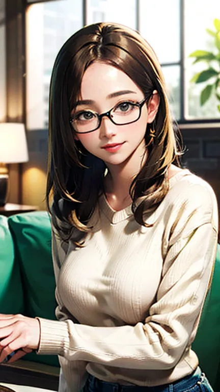 1 female, /(Tight sweater/) V-neck, Mature Woman, /((((Mid-length hair、Light brown hair、Blonde hair)))) Beautiful forehead, Styl...