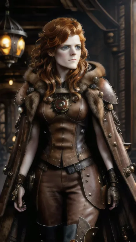 steampunkai, (rose leslie) as ygritte, fur steampunk coat, steampunk leather boots, standing, in a steampunk city, (1woman), (so...