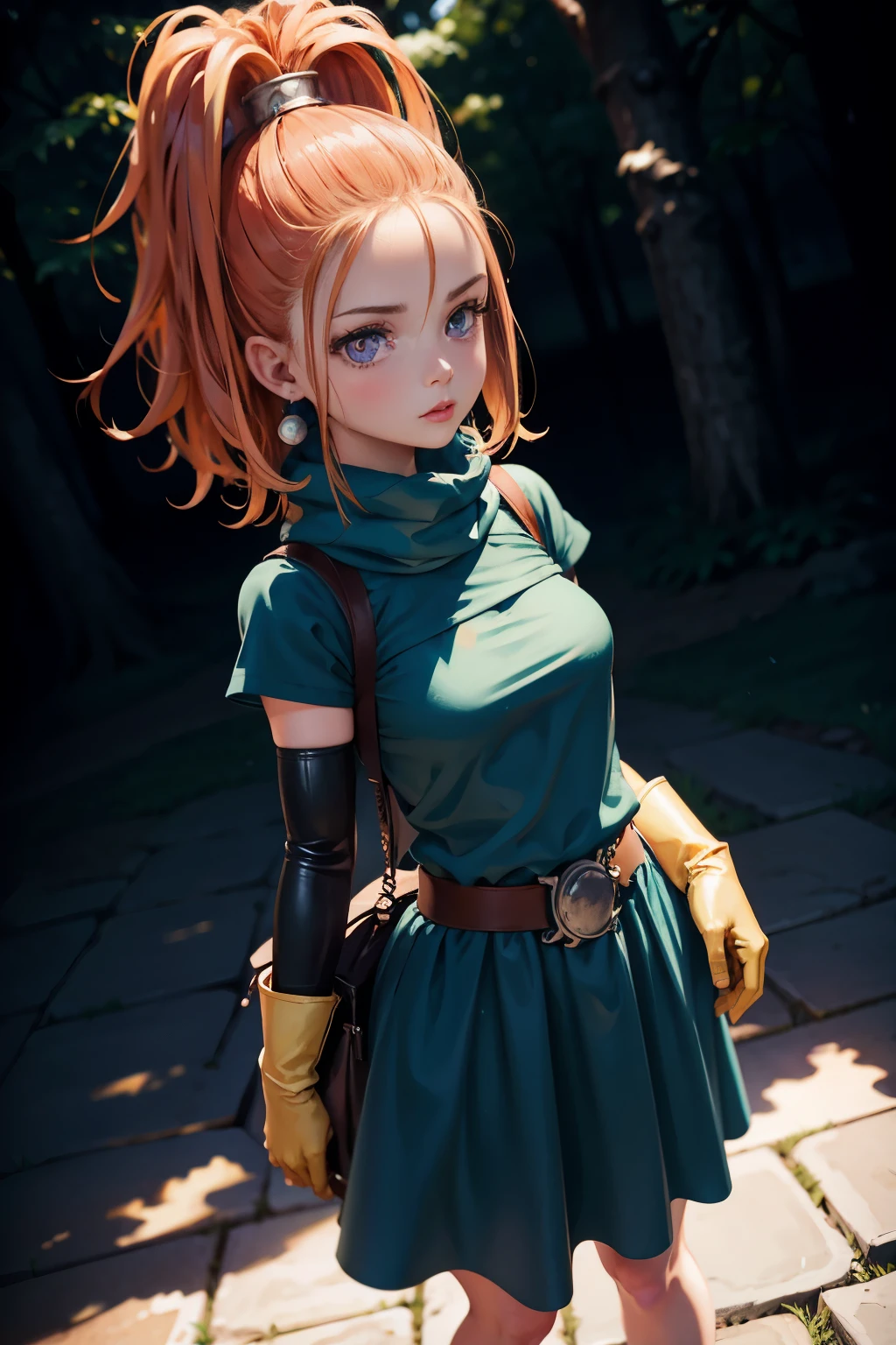 ashlynn,barbara,dq6,dragon quest, sultry face, (full :1.5), Long eyelashes, beautiful eyes with brightness, Surrealism, Shadow, Stereogram, photoRealistic, Realistic, throw, Atmospheric perspective, Cinema Lighting, Ray Tracing, 8k, Super detailed, highest quality, masterpiece, In good detail, (Canon EOS R6, 135mm, 1/1250s, debt/2.8, ISO400:0.9), Yellow gloves, slim, (Medium chest:1.4) (view from front:1.4)(Nature background:1.3)