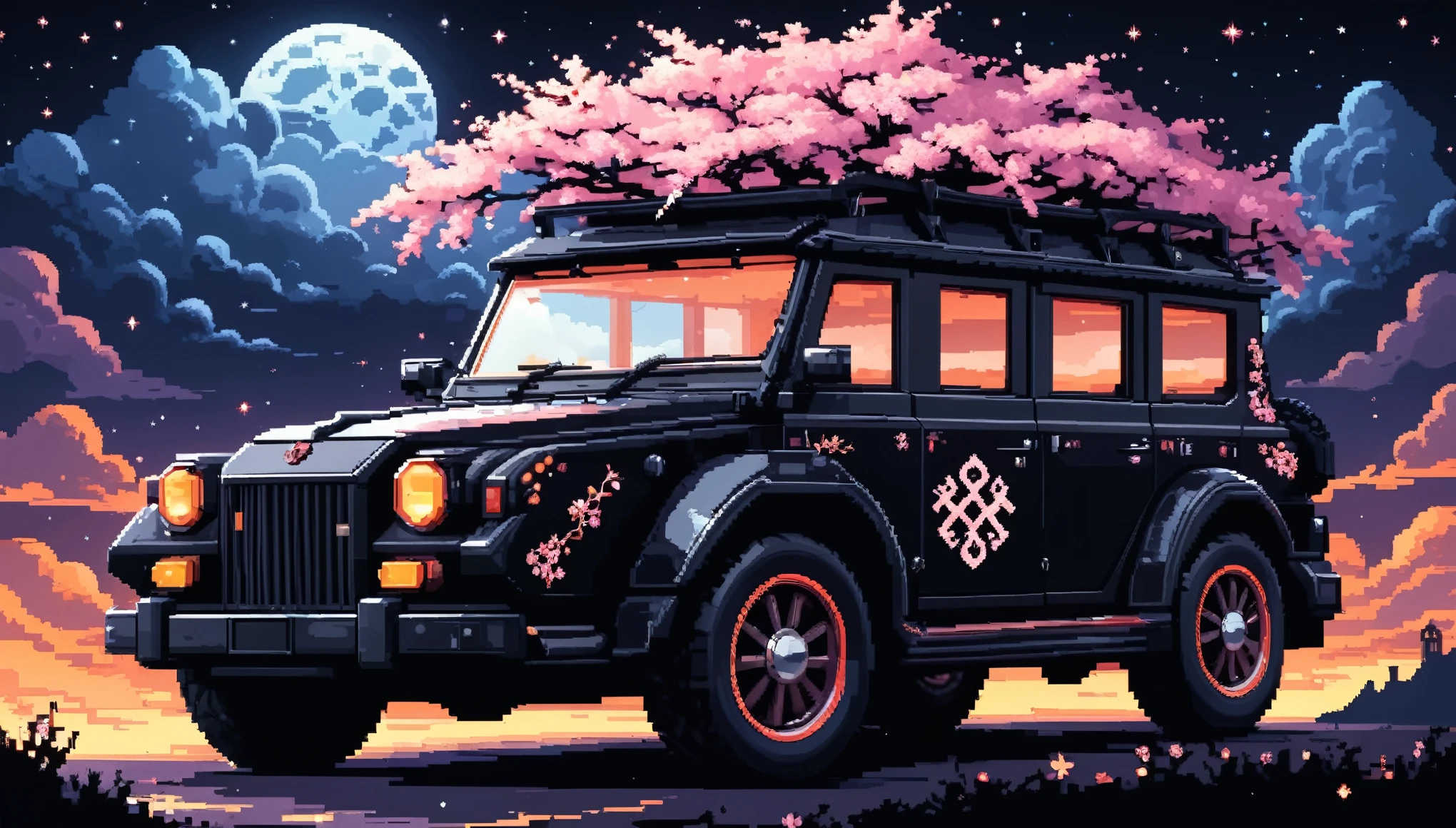 Bright epic professional (cute cartoon pixel illustration:1.2), (masterpiece in maximum 16K resolution, superb quality, ultra detailed:1.3), side view of a grand (bizarre:1.2) car with (tall wheels:1.2) and (sharp features, decorated with runes and folding roof), printed rose blossoms, amidst the silhouetted (Gothic world) of at night, clouds and sparkles.