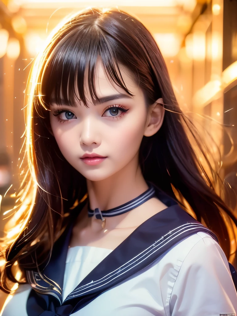 (Masterpiece,highest quality,Highest Resolution:1.2,Realistic,8K Raw Photo:1.5,Hyperrealistic:1.5)、One girl,alone、Brown Hair,heart,hair ornaments,((school uniform)),Side Ponytail,smile,View Viewer,neckerchief,Upper Body,heart hair ornaments、(cardigan),((Sailor collar,serafuku,黒のSailor collar))、bangs,Yellow Eyes,Mouth closed,Long Hair,Brown eyes,紫色のneckerchief,clavicle、Eye highlights,Sparkling Eyes、Cinema Lighting、