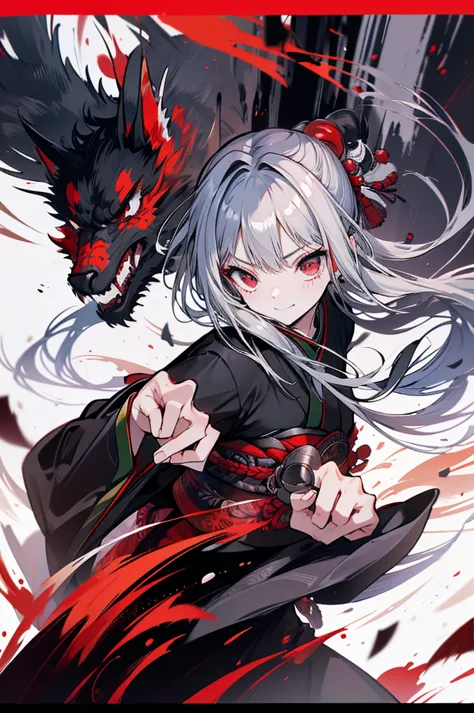 high quality,,black kimono,gray hair,long hair, seductive red eyes,nice,japanese style,fight,martial arts,fist,fistのfight,movie,...