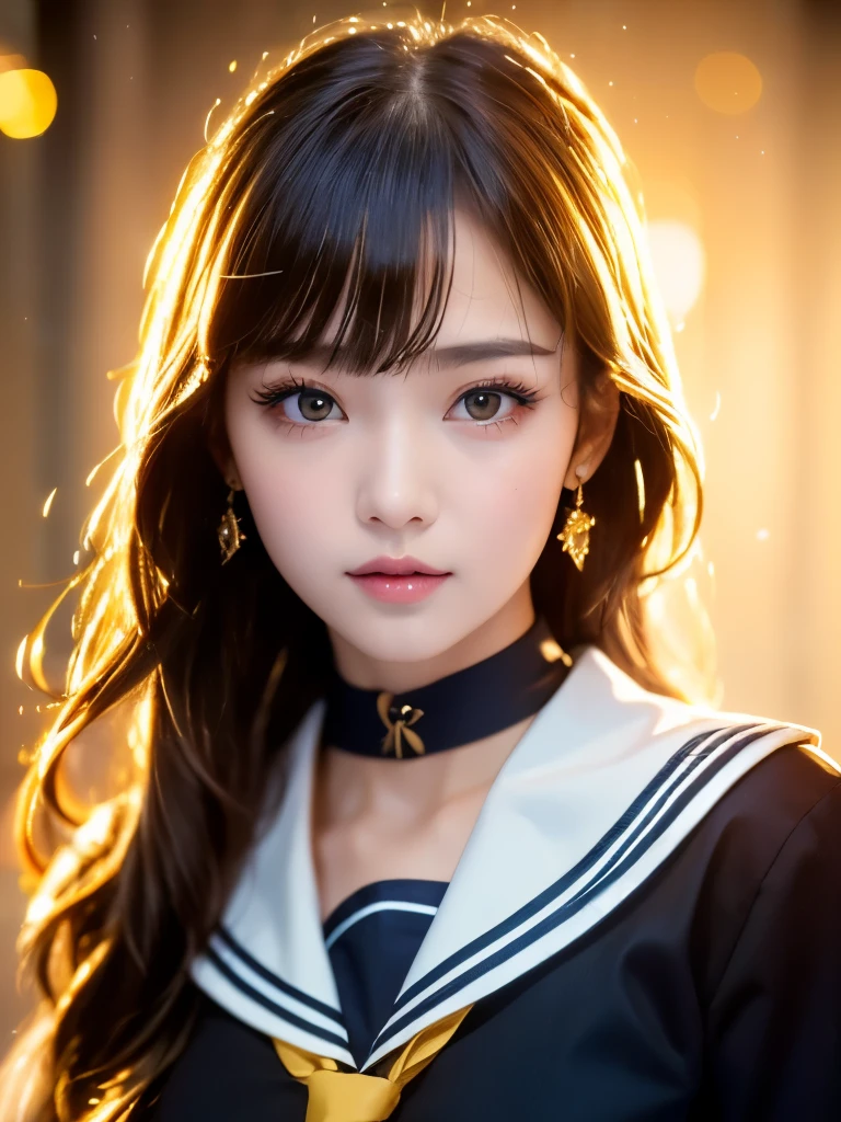 (Masterpiece,highest quality,Highest Resolution:1.2,Realistic,8K Raw Photo:1.5,Hyperrealistic:1.5)、One girl,alone、Brown Hair,heart,hair ornaments,((school uniform)),Side Ponytail,smile,View Viewer,neckerchief,Upper Body,heart hair ornaments、(cardigan),((Sailor collar,serafuku,黒のSailor collar))、bangs,Yellow Eyes,Mouth closed,Long Hair,Brown eyes,紫色のneckerchief,clavicle、Eye highlights,Sparkling Eyes、Cinema Lighting、