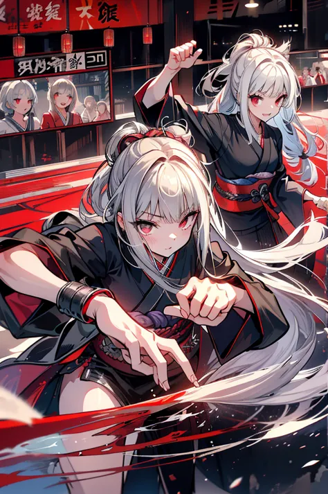 high quality,,black kimono,gray hair,long hair, seductive red eyes,nice,japanese style,fight,martial arts,fist,fistのfight,movie,...