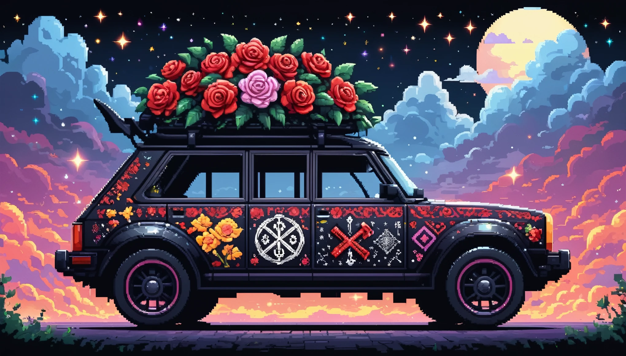 Profissional épico brilhante (ilustração de pixel bonito dos desenhos animados:1.2), (Obra-prima em resolução máxima de 16K, Excelente qualidade, ultra detalhado:1.3), side view of a gre (bizarro:1.2) carro com (rodas altas:1.2) e (características nítidas, decorated with runes e folding roof), flores de rosa impressas, em meio à silhueta (Mundo gótico) da noite, clouds e sparkles.