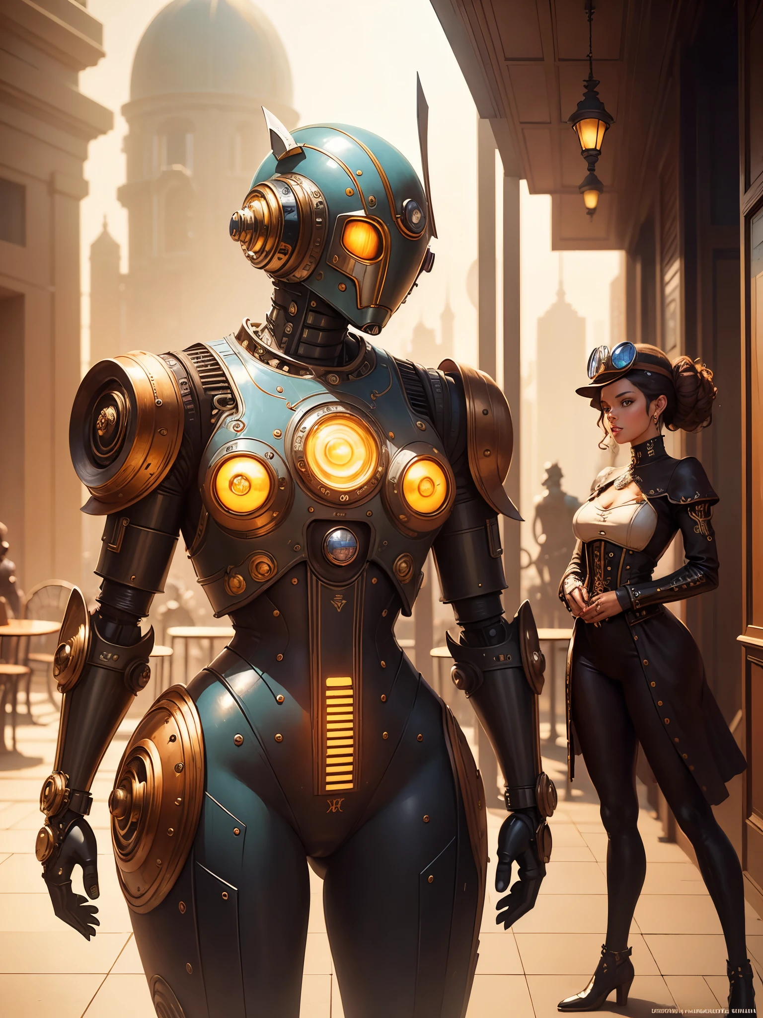 by Michael Parkes and Diego Rivera, (retro futurism , digital art but extremely beautiful:1.4),there is a robot that is standing in front of a restaurant lobby, inspired by Brian Despain, steampunk robot, steampunk automaton, by Brian Despain, pit droid, alejandro burdisio art, beautiful robot character design, android jones and rhads, robot factory, high quality steampunk art, cute elaborate epic robot, robot concept art, a still life of a robot