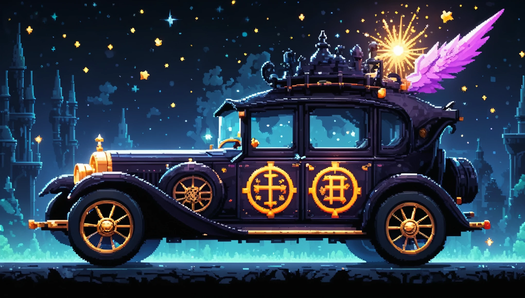 Bright epic professional (cute cartoon pixel illustration:1.2), (masterpiece in maximum 16K resolution, superb quality, ultra detailed:1.3), side view of a grand (bizarre:1.2) car with (tall wheels:1.2) and (sharp features, decorated with runes and folding roof), printed rose blossoms, amidst the silhouetted (Gothic world) of at night, clouds and sparkles.