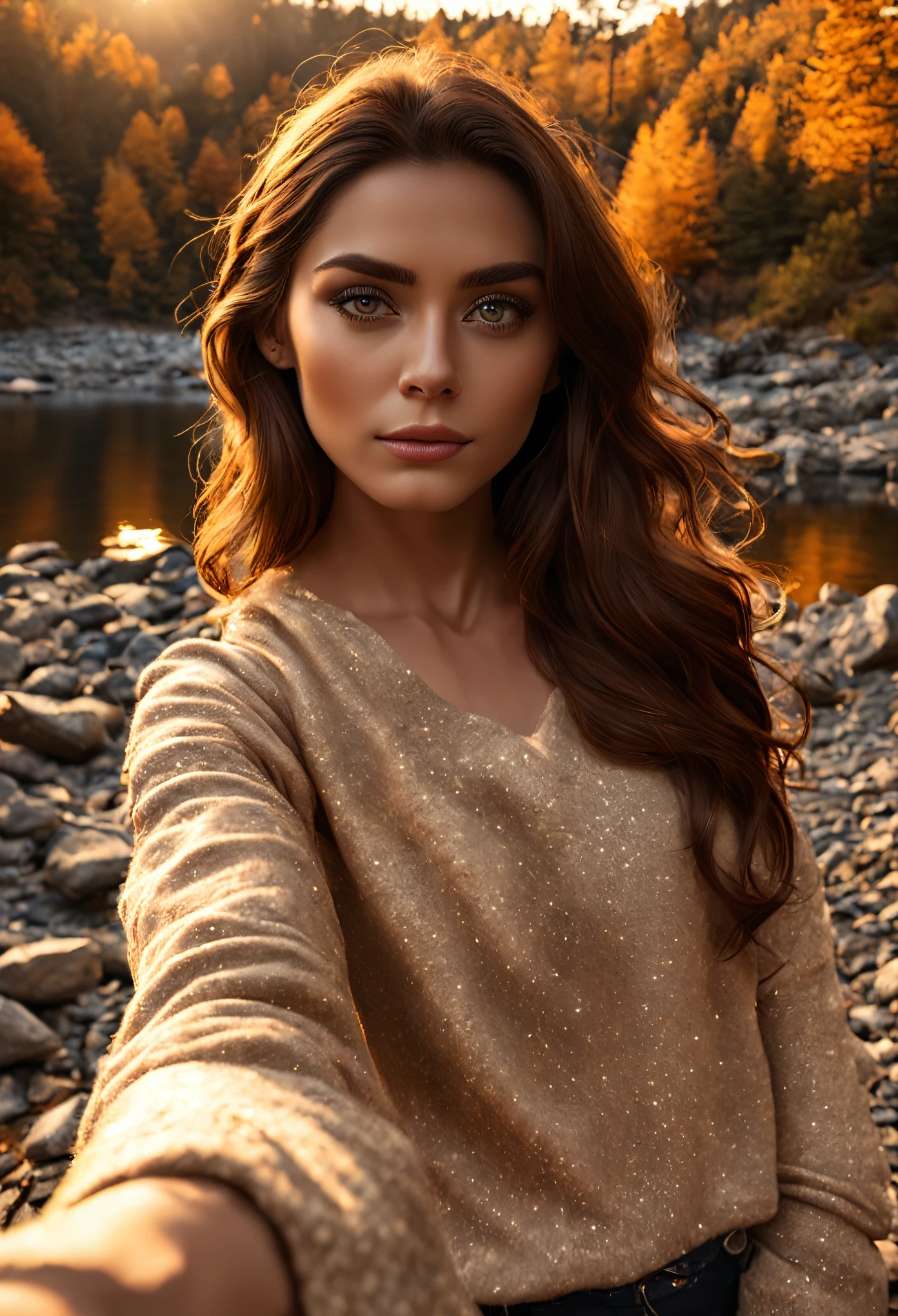 1 brunette woman ((selfie)), (beautiful detailed bright eyes:1.2) masterpiece, best quality, ultra-detailed, outdoor, (night), mountains, nature, (stars, moon), sweater, lantern, forest, stones, river, campfire, wood, smoke, shadows, contrast, clear sky, style, (warm hue, warm tone), best illumination, (best shadow, an extremely delicate and beautiful, bloom, iridescent), shimmering, glowing, realistic:1.3, cinematic lighting:1.2, ultra photoreal, photorealistic:1.0,
