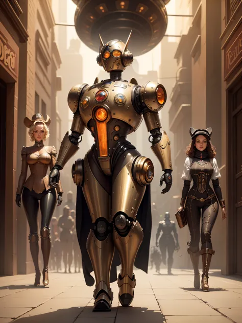 by Michael Parkes and Diego Rivera, (retro futurism , digital art but extremely beautiful:1.4),there is a robot that is standing...