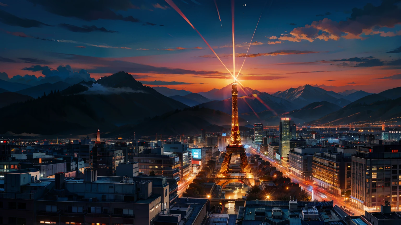 Masterpiece, best quality, sky, sun, clouds, Eiffel Tower, city complex, mountains, rivers, vistas