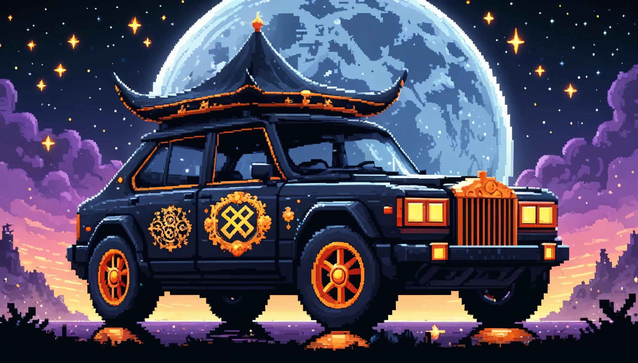 Bright epic professional (cute cartoon pixel illustration:1.2), (masterpiece in maximum 16K resolution, superb quality, ultra detailed:1.3), side view of a grand (bizarre:1.2) car with (tall wheels:1.2) and (sharp features, decorated with runes and folding roof), printed rose blossoms, amidst the silhouetted (Gothic world) of at night, clouds and sparkles.