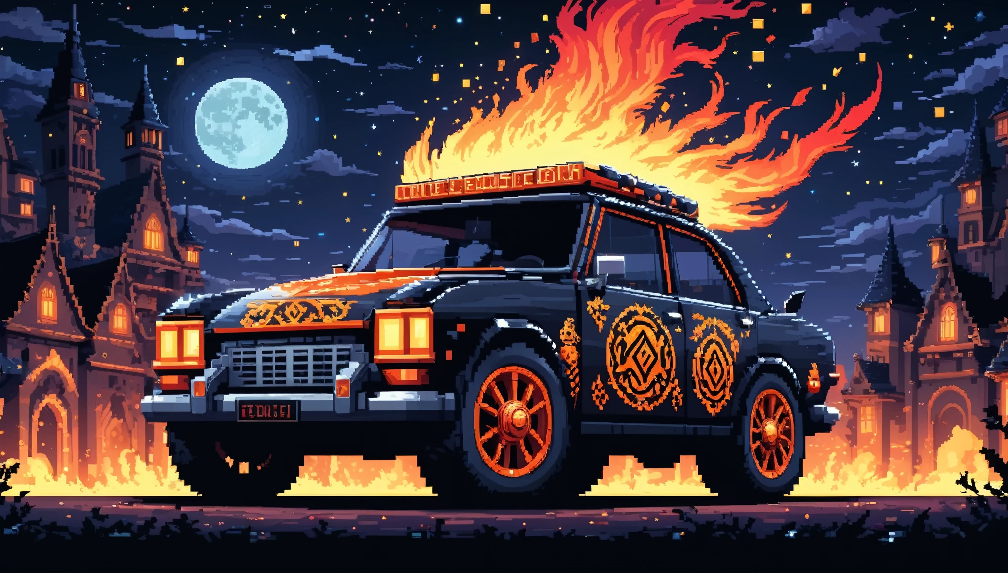 Bright epic professional (cute cartoon pixel illustration:1.2), (masterpiece in maximum 16K resolution, superb quality, ultra detailed:1.3), side view of a grand (bizarre:1.2) car with (tall wheels:1.2) and (sharp features, decorated with runes and folding roof), printed rose blossoms, amidst the silhouetted (Gothic world) of at night, clouds and sparkles.