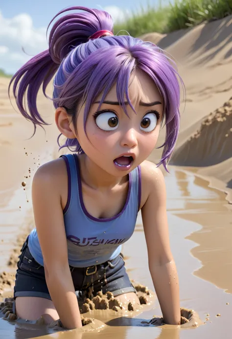 14 year old Japanese girl, purple hair in a ponytail, blue collar, gray tank top, terrified, stuck in quicksand up to her chest,...