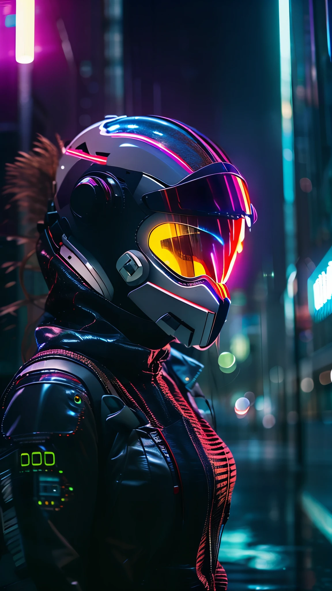 (good structure),high dynamic range,ultra high definition,8k,1 girl,blurred background,cyberpunk protective clothing,cyberpunk protective helmet,Glowing helmet,Neon lamp,neon color,oblique body,night,Mask screen reflections,depth of field,Upper body,cyberpunk,ground vehicle,lamp,neon lamp,pilot suit,alone