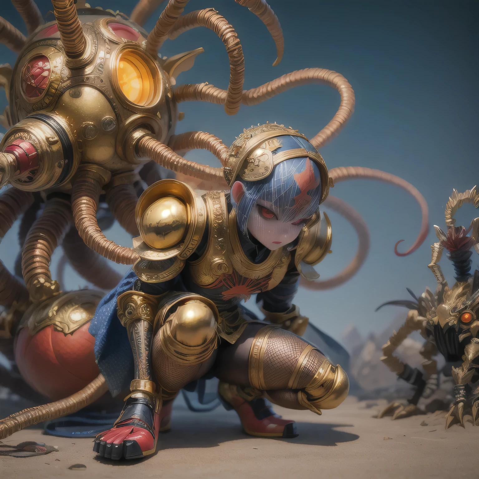 a close up of a golden 거미 with a 阳春翡翠 body and legs, steampunk 거미, Mechanical 거미 red and cobalt blue legs, 거미류, 헐떡거리다, 아라크네, 거미, 스팀펑크 로봇 전갈, 매우 상세한 바로우 8k, 밝은 주황색 다리가 큼, 금으로 만든 조각품, 제작: Hiroyuki Tajima, full samurai armor 거미man, giger 거미 joker, 곤충류의，（（（퇴화기 ）））