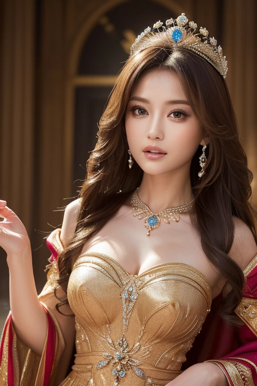 ((The coronation of a certain queen, Too gorgeous dress, Narrow waist)), (Ultra Realistic, High resolution), (Highly detailed eyes, Highly detailed hair, highly detailed face, Highly detailed plump lips，Perfect Anatomy),(highest quality:1.4), RAW Photos,(Realistic, photo-Realistic:1.37)