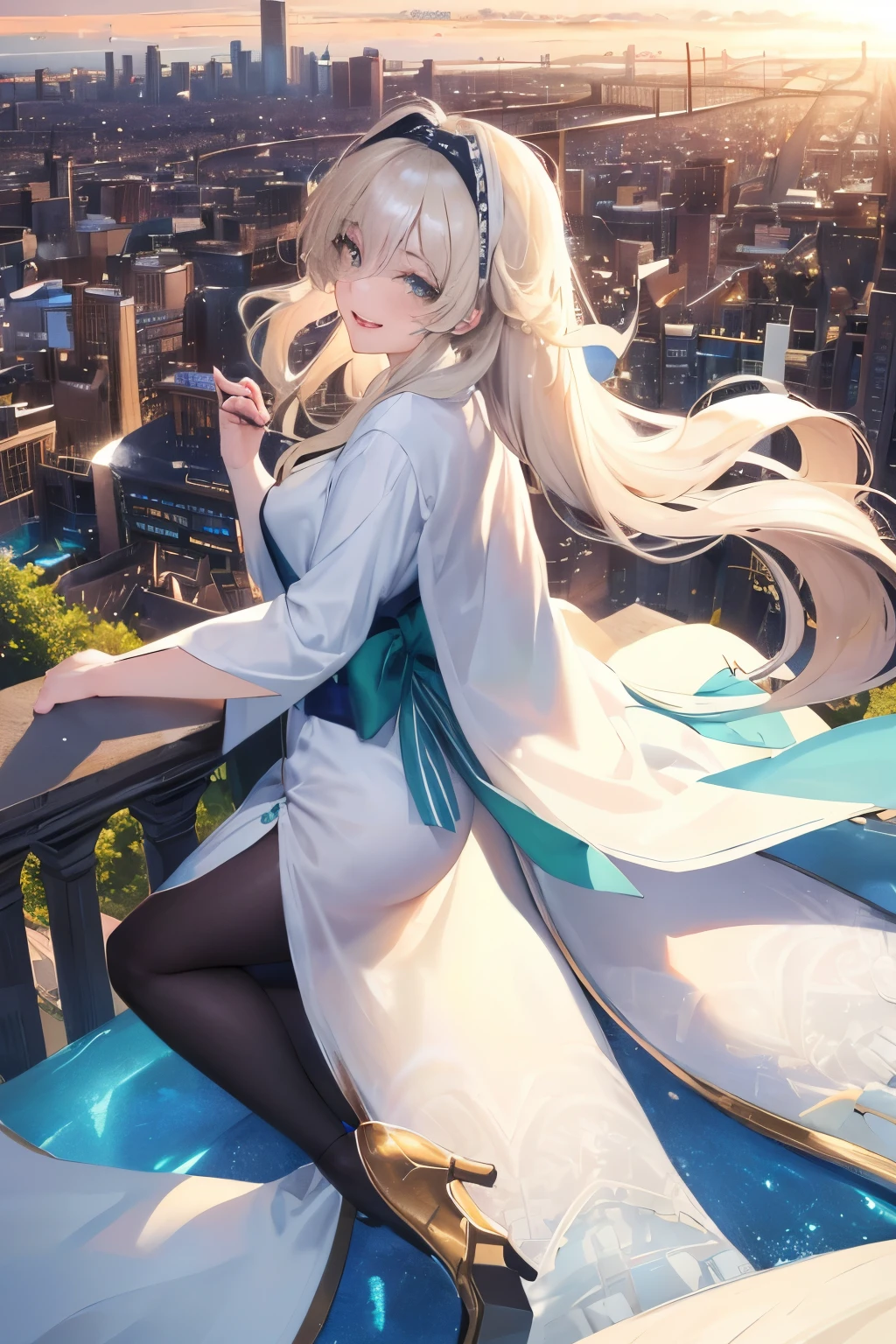 Official Art, masterpiece, Clear focus, (beautiful, Beautiful and cute Korean woman:1.3), (Beautiful and cute Korean:1.3), Korean beauty, Exquisite beautiful hair、Eyes and face, current, Super detailed, beautiful girl, Blue sky, Glowing white particles, (Side Light:1.2), Sunlight, White Cloud, Detailed clouds, Slim, Such a cute big ass, Smile with teeth bared, ((Smile with your eyes, Open your eyes)), landscape, Long straight hair, sexy facial expression, architecture, (city View:1.7), Dynamic Hair, very Long straight hair, Delicate platinum-blonde hair, Green Eyes, Black skirt, , Pale skin, Hair accessories, epic landscape,，White high heels，Nice ass，beautiful buttocks，There&#39;s nothing under the skirt.，weight loss