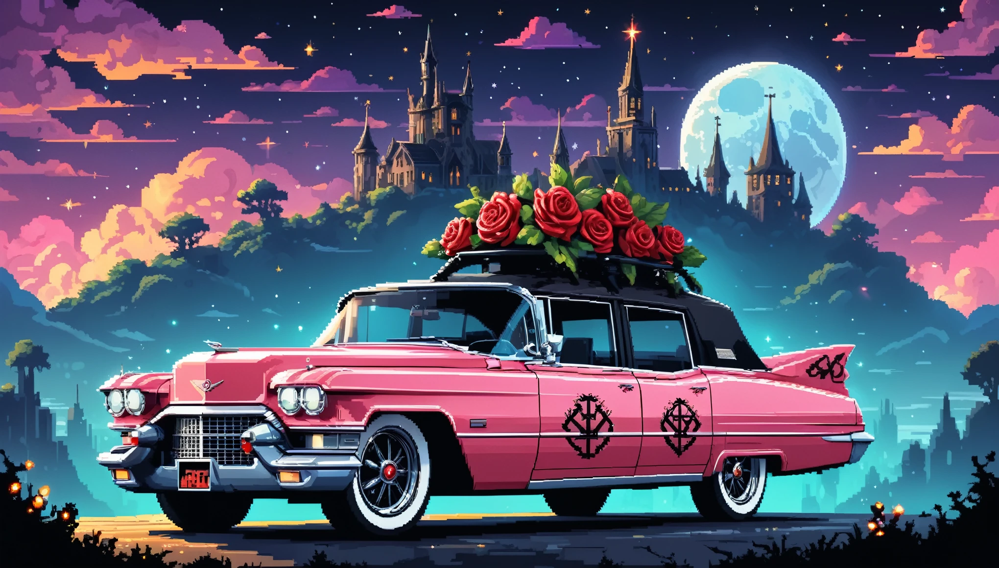 Bright epic professional (cute cartoon pixel illustration:1.2), (masterpiece in maximum 16K resolution, superb quality, ultra detailed:1.3), side view of a grand (bizarre:1.2) white-pink Cadillac with tall wheels and (sharp features, decorated with the bat symbol and folding roof), speeding amidst the silhouetted Gothic world of at ethereal night, sparkles.
