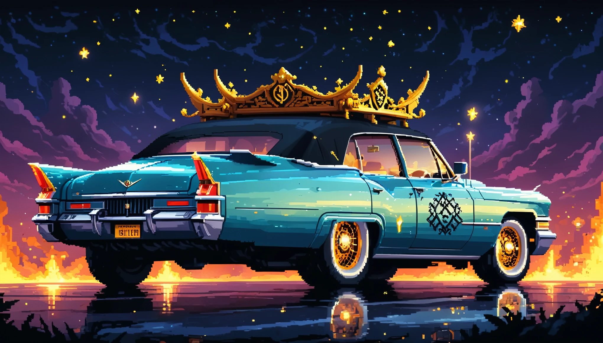 Bright epic professional (cute cartoon pixel illustration:1.2), (masterpiece in maximum 16K resolution, superb quality, ultra detailed:1.3), side view of a grand (bizarre:1.2) white-pink Cadillac with tall wheels and (sharp features, decorated with the bat symbol and folding roof), speeding amidst the silhouetted Gothic world of at ethereal night, sparkles.
