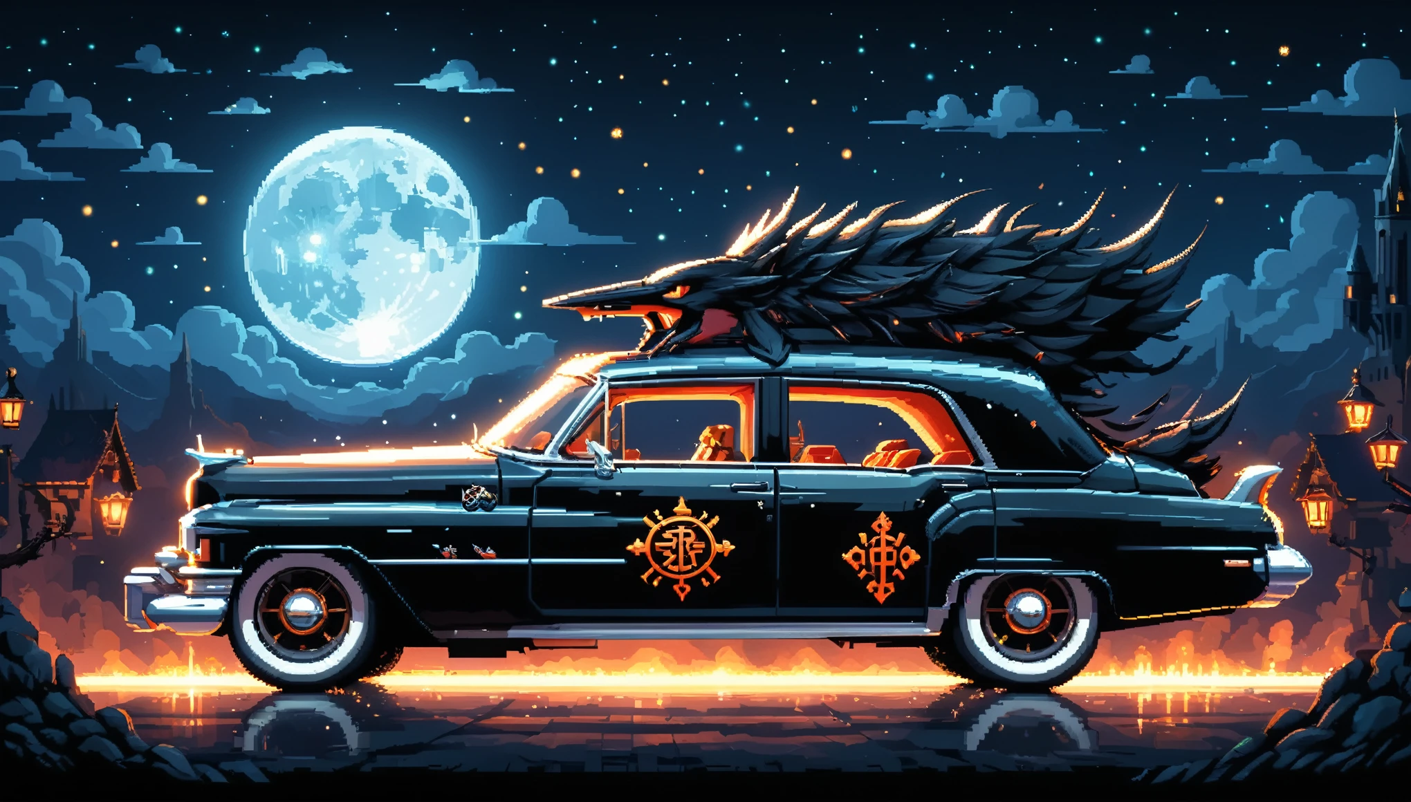 Bright epic professional (cute cartoon pixel illustration:1.2), (masterpiece in maximum 16K resolution, superb quality, ultra detailed:1.3), side view of a grand (bizarre:1.2) white-pink Cadillac with tall wheels and (sharp features, decorated with the bat symbol and folding roof), speeding amidst the silhouetted Gothic world of at ethereal night, sparkles.
