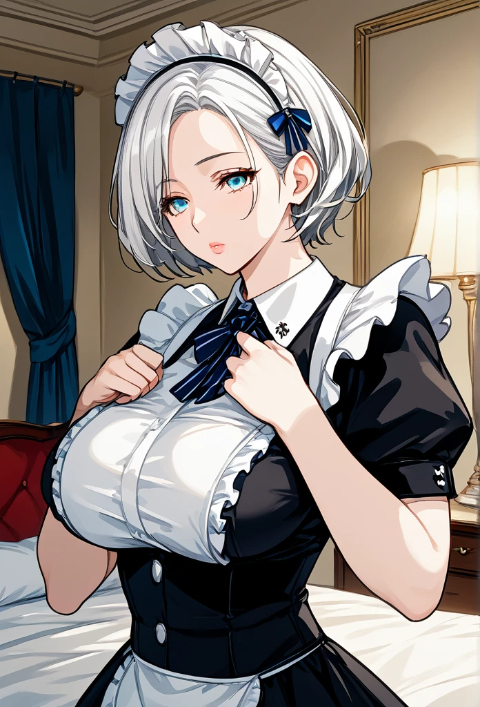 Mature woman, short hair, bob hairstyle, white hair, mature face, hot face, azure eyes, big breasts, curvy body, glossy lips, expressionless face, (formal maid outfit)), (slightly bowing down), ((bedroom)), respectful pose