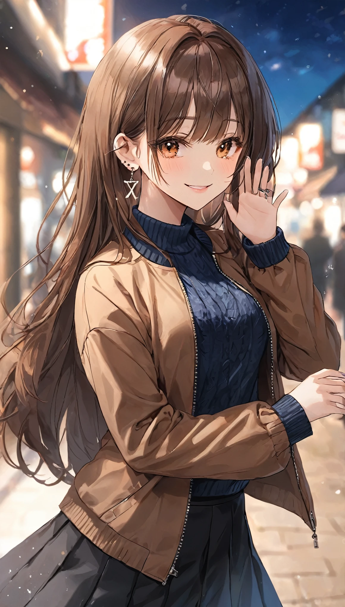 One girl, Ahoge, bangs, black skirt, black sweater, Blue Claws, Blurred, Blurred background, chest, Brown eyes, Brown Hair, brown Jacket, Mouth closed, Day included, Day, Depth of written boundary, Earrings, eyelash, Raise your hand, Tilt your head, Jacket, jewelry, Long Hair, Long sleeve, View Viewer, medium chest, Manicure, Open clothes, open Jacket, Outdoor, Pursed lips, Tucked in shirt, Side Lock, skirt, Sleeves are longer than the wrist, alone, sweater, Upper Body, zipper, smile, ((masterpiece)), 