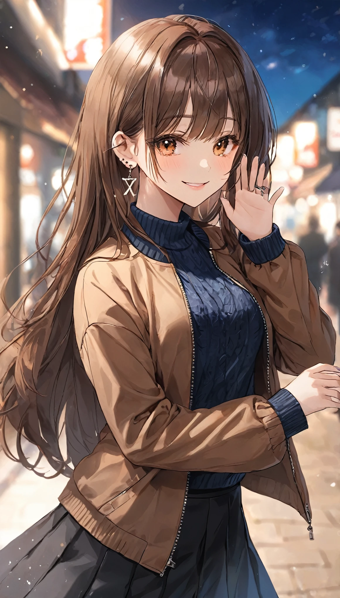 Ein Mädchen, ahoge, bangs, black Rock, black Pullover, blaue Krallen, verschwommen, verschwommen background, Brust, braune Augen, braune Haare, brown Jacke, Mund geschlossen, Tag付付き, Tag, Tiefe der geschriebenen Grenze, Ohrringe, Wimper, Heben Sie Ihre Hand, Neige deinen Kopf, Jacke, Schmuck, lange Haare, lange Ärmel, Viewer anzeigen, medium Brust, Maniküre, offene Kleidung, open Jacke, draussen, geschürzte Lippen, ins Hemd gesteckt, Seitliches Schloss, Rock, Ärmel sind länger als das Handgelenk, allein, Pullover, Oberkörper, Reißverschluss, lächeln, ((Meisterwerk)), 