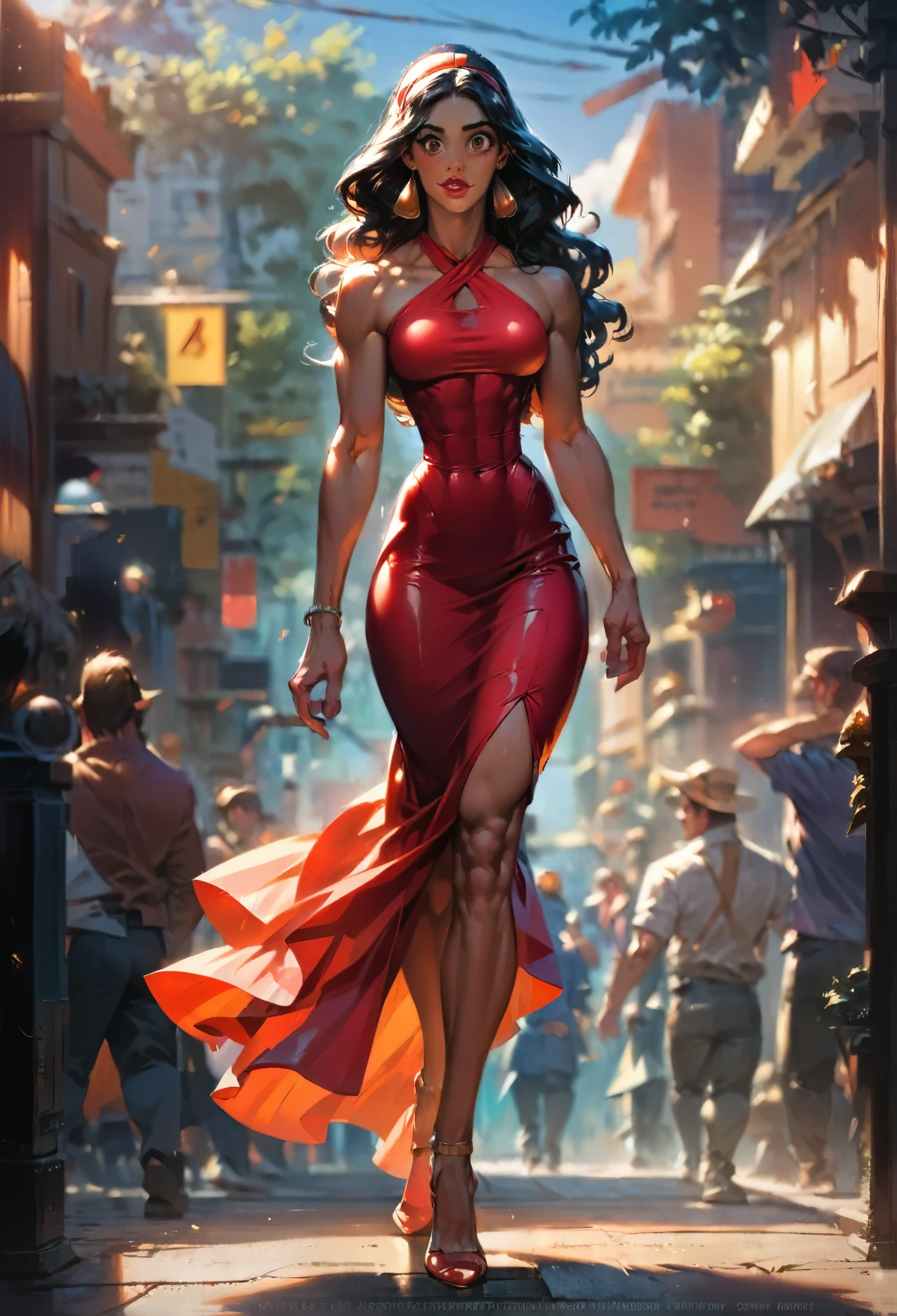 score_9, score_8_up, score_7_up, score_6_up, score_5_up, (high quality, detailed, beautiful), detailed soft lighting, rating_explicit, Disney's Jasmine (muscular:0.6), wavy hair, walking around the streets of Agrabah, tight skirt and halter top, high heels, ultra detailed eyes, ultra detailed face, absurdres, masterpiece, best quality, high resolution.