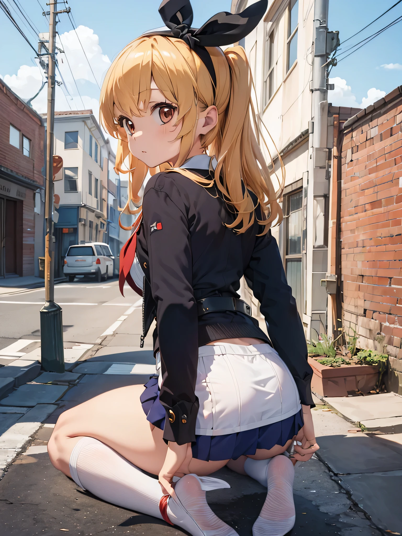 (masterpiece, highest quality, Very detailed, Super detailed, High resolution, Absurd, 4K, 8k:1.2), 
break,shimakaze uniform:1.5, 10 year old girl,blonde_hair,(RED Ribbon on hairband:1.2),White tights, Hoshimiya Ichigo,,Get on all fours,((Ass Focus, Hip Focus)),arched back,Recall