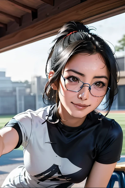 Sports competitionsの日、Sports competitions、gallery、Students cheering、女子100 m競走、((highest quality:1.4、8k、32k、Hmph:1.3))、(An unparalleled masterpiece)、((RAW Photos、realism:1.6))、Japanese Girls、Outdoor,playground,Schoolyard,Schoolyard,(physical education:1.3),(Per class:1.3)Girl smiling at the camera、Dynamic pose、(Sports competitionsの日、100 m走、running)、Dynamic Angle、School gym clothes、Bloomers、(Huge breasts:0.5、thin abdomen、The lower body is thin)、Ulzzang-6500-v1.1、Teenage Girls、Highly detailed face、fine grain、Round face、Baby Face、Detailed Iris、double eyelid、(((Glasses、Long black hair、High up ponytail)))、Photon Mapping、Detailed skin texture、100 m,From head to toe:1.5,