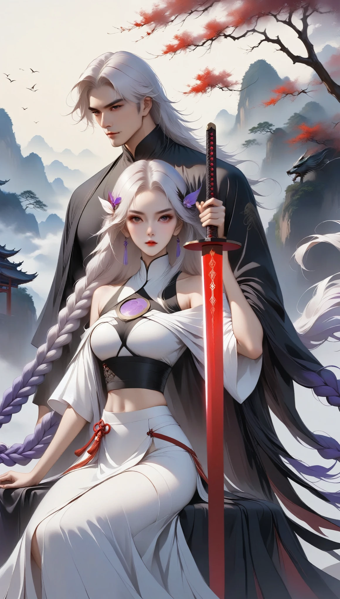 Girl with sword，Simple lines minimalism，Abstract Art，(((Holding a red long sword，White long hair，Symmetrical hair accessories，Purple double long braids，High Neck Off Shoulder Cropped Short Sleeve Top，Round glow on chest，Skirt slit，Holding a long sword))).Mysterious man in cloak：1.37，Xian Xia，Martial Arts，Jianghu，landscape