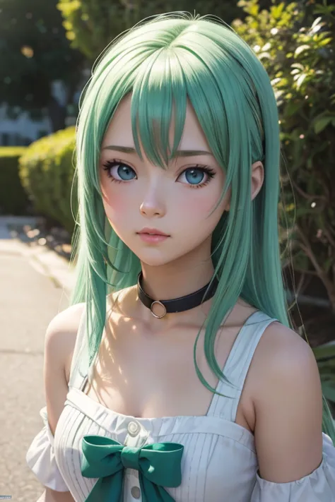 un primer plano de una mujer con un vestido verde y un collar, obra de arte al estilo de guweiz, estilo anime realista 3d, hermo...