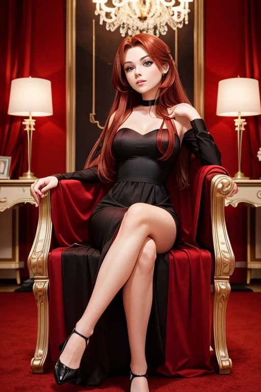 Hermosa pelirroja con ojos marrones y cabello largo con un elegante vestido rojo y negro sentada en una silla dentro de una elegante habitación con una atrevida sesión de fotos nocturna 