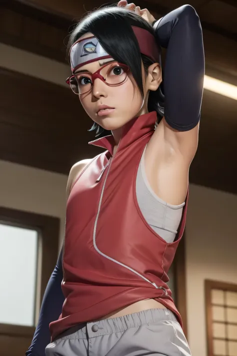 1 girl, from below, standing, beautiful Sarada Uchiha, 18 years old, Cups, Black thighs, arm warmers, forehead protector, shorts...