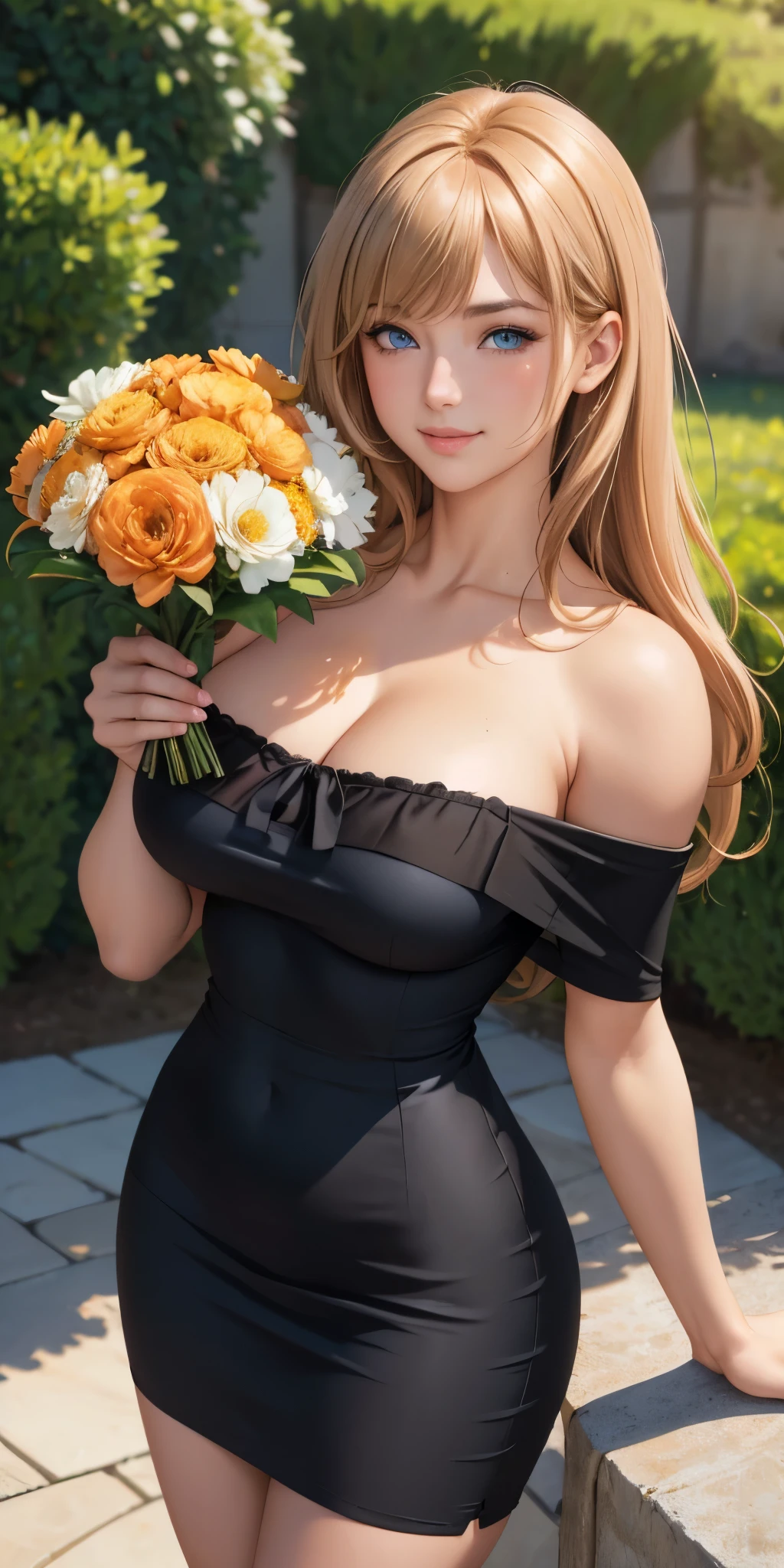 Medium round breasts, (1 mature Girl), ((light caramel color hair: 5.2, long straight style, messy bangs)), blue eyes, double eyelids, light effect on the eyes, wide hips, black off-the-shoulder skirt dress , stylish, beautiful smile, shy, blush on cheeks, ((sexy body)), solo, best quality, masterpiece, portrait, flirting with viewer, sensual pose, detailed, perfect anatomy, detailed art, high definition, 4k , high resolution, garden, grass, holding bouquet of flowers