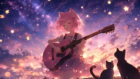 picture a scene of a girl playing the guiter alone with stars in the sky. Anime, pink hair, cat ears. That's her charm.
