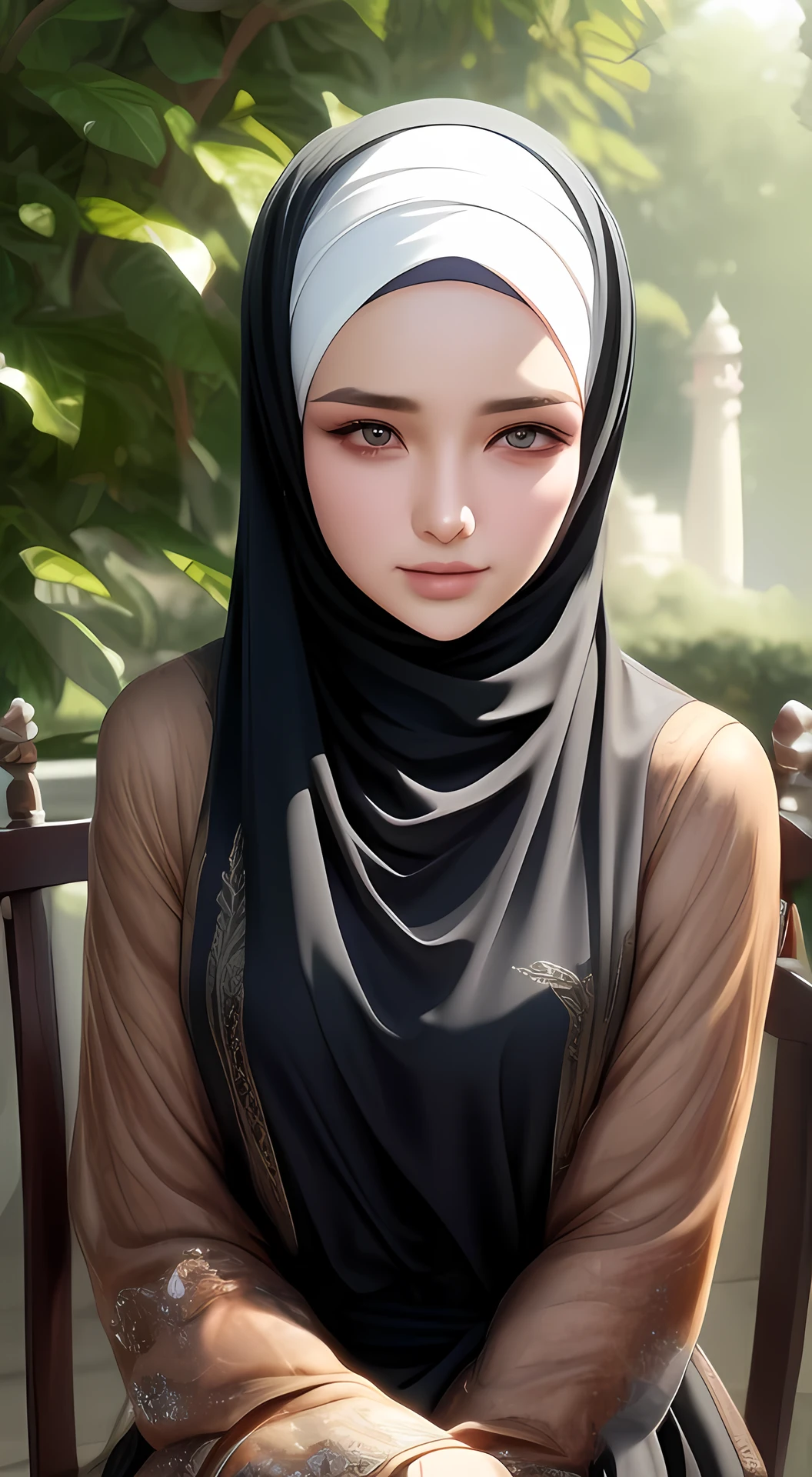 1girl, solo, beautiful face, high detailed realistic eyes, double eyelids, high detailed realistic pupils, (upon body from head to waist:1.36), (wearing hijab:1.37), (moslem headscarf:1.37), reading glasses, sitting alone on a long chair, amazing mosque park background, taj mahal, best quality, masterpiece, highres, black and white moslem female dress, Beautiful face, (upon body from head to waist:1.35), tyndall effect, photorealistic, dark studio, two tone lighting, 8k uhd, dslr, soft lighting, high quality, volumetric lighting, candid, Photograph, high resolution, 4k, 8k, Bokeh, (hyperrealistic girl), (illustration), (high resolution), (extremely detailed), (best illustration), (beautiful detailed eyes), (best quality), (ultra-detailed), (masterpiece), (wallpaper), (photorealistic), (natural light), (rim lighting), (detailed face), (high detailed realistic skin face texture), (anatomically correct), (heterochromic eyes), (detailed eyes), (sparkling eyes), (dynamic pose), (hair completely covered by the hijab:1.35), looking to viewer, muslim clothing 